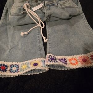 DAVI & DANI Light Blue Jeans with Colorful Crochet Hem
